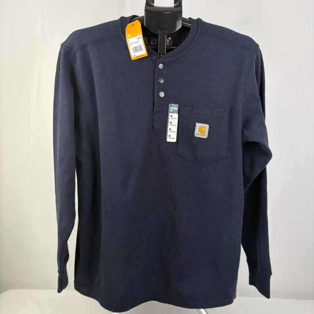 Carhartt Mens Relaxed Fit Heavyweight L/S Henley Thermal Navy Shirt TK4429 M NWT